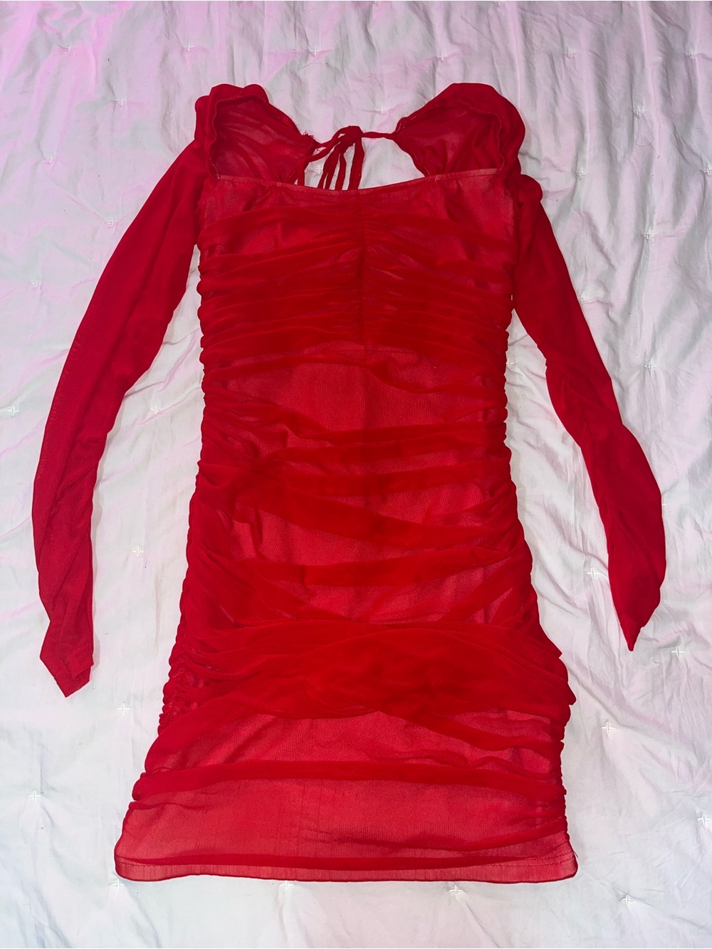 Red Long-Sleeve Mesh Ruched Mini Dress